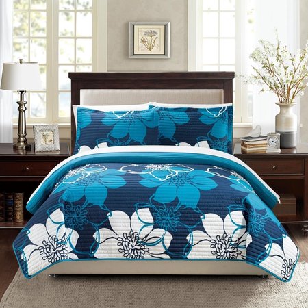 FIXTURESFIRST 3 Piece Capiz Abstract Large Scale Floral Printed Queen Quilt Set, Blue with 2 Shams FI1700056